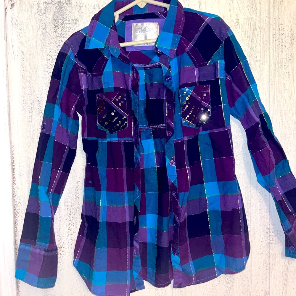 Girls Size 7 Justice Plaid Button Down shirt